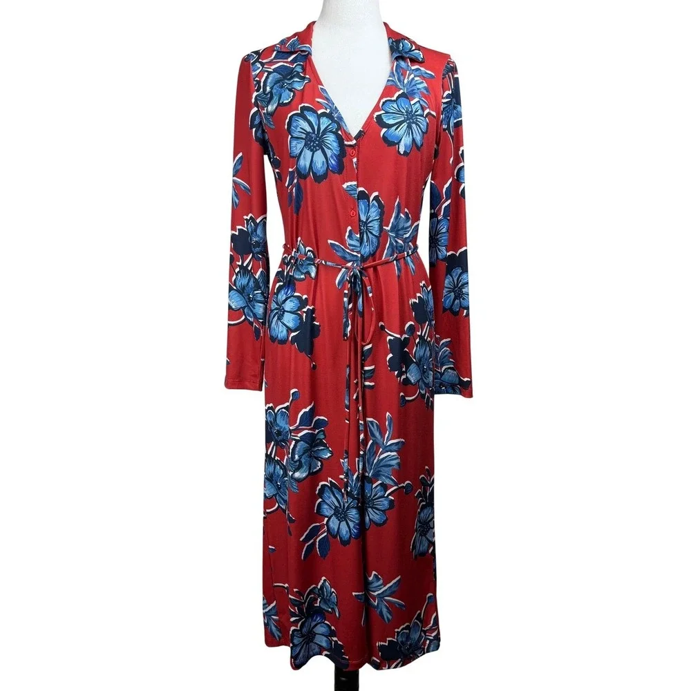 Zara Red Blue Floral Long‎ Sleeve Button Front Midi Dress Small Colorful Boho